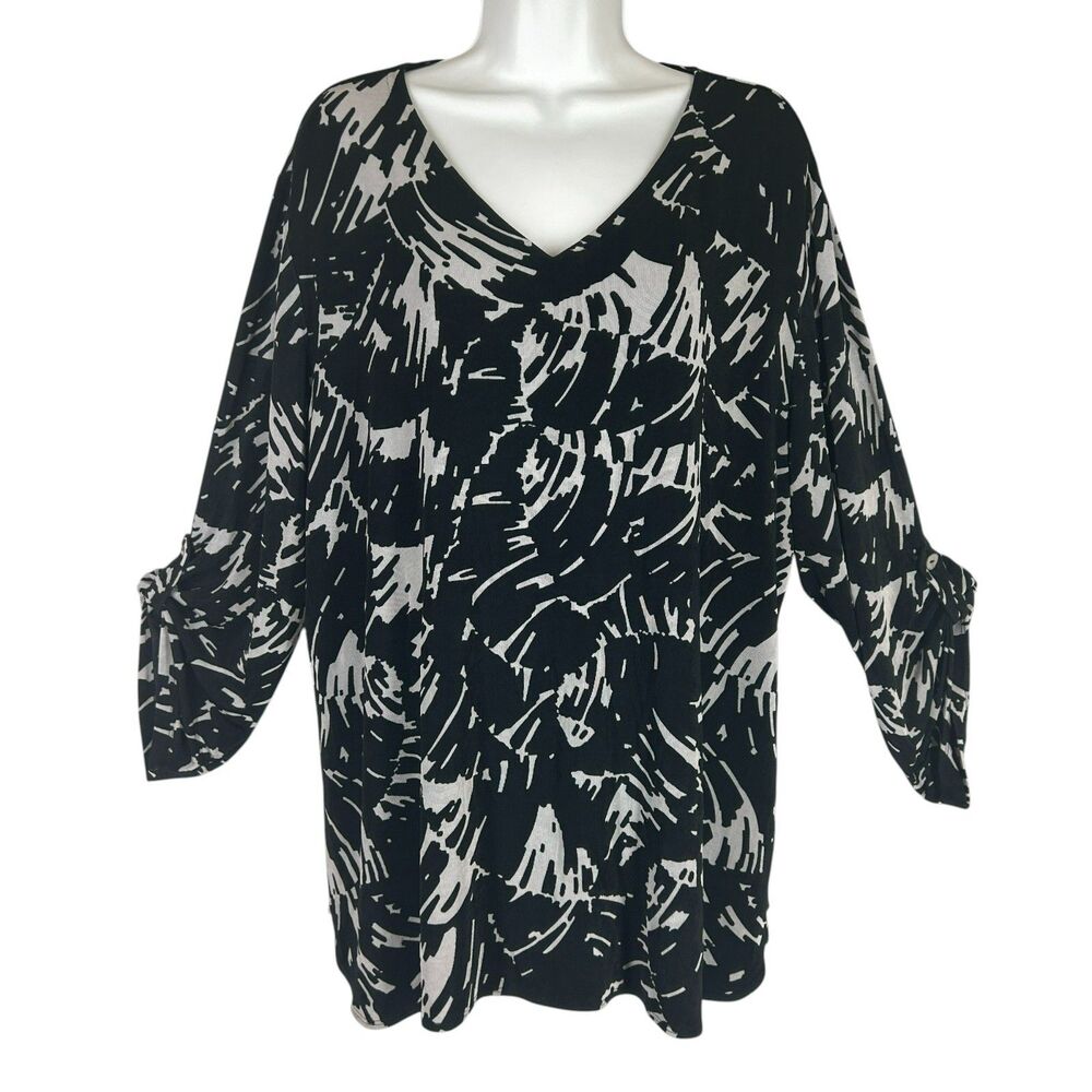 Chicos Travelers Slinky Knit Tunic Top Chico's Size 4 XXL Black Gray Tab Sleeve - Picture 2 of 8